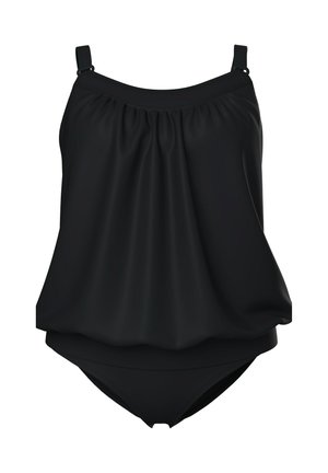 Zwarte tweedelige badpak met een losvallende, geplooide tankinitop en verstelbare schouderbandjes, gecombineerd met bijpassende bikinibroekjes.