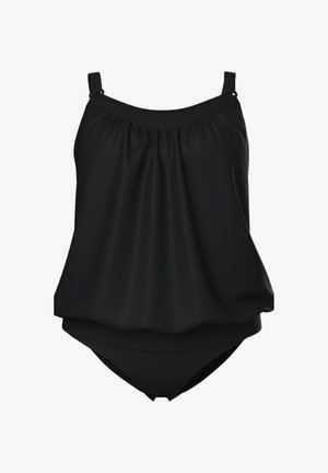 Costume da bagno nero a due pezzi con top tankini morbido arricciato e spalline regolabili, abbinato a slip bikini coordinati.