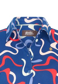 Blue button-up shirt with abstract wavy patterns in red, pink, and light blue, featuring a classic collar and a small, gold logo detail.