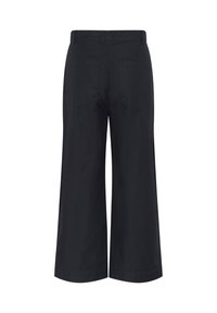 Black wide-leg pants with a smooth fabric, featuring two back pockets, a straight cut, and a waist with belt loops.