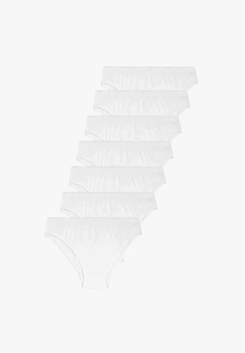 Ensemble de six paires de slips en coton blanc à taille haute, avec des ceintures élastiques douces et une texture lisse et extensible.