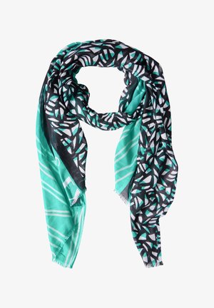 Bufanda ligera con un patrón geométrico en azul turquesa y negro, con bordes flecados y una textura suave y lisa.