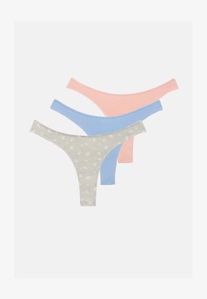 Três pares de cuecas fio dental: rosa, azul claro e cinza com padrão floral. Todos têm bandas elásticas finas e tecido suave e elástico.