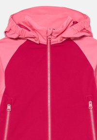 Giacca con cappuccio fucsia e rosa chiaro, con zip completa, maniche raglan, polsini elasticizzati e tasche laterali. Tessuto liscio dalla leggera lucentezza.