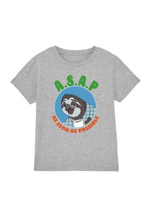Gray cotton t-shirt featuring a cartoon sloth graphic, vibrant green and orange text reading "A.S.A.P. as slow as possible," round design.
