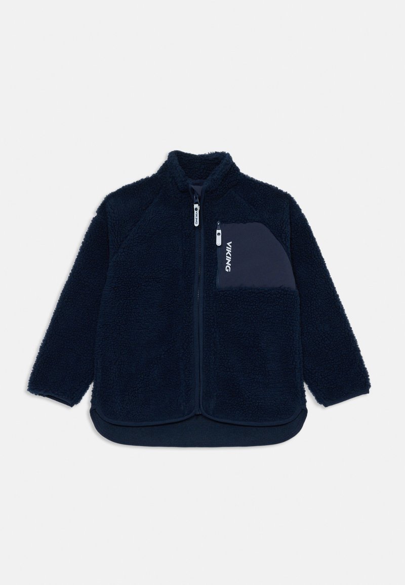 Dunkelblaue Fleecejacke mit einem Reißverschluss vorne, ausgestattet mit einer einfarbigen, dunkelblauen Brusttasche und strukturiertem Stoff. Reguläre Passform mit langen Ärmeln.