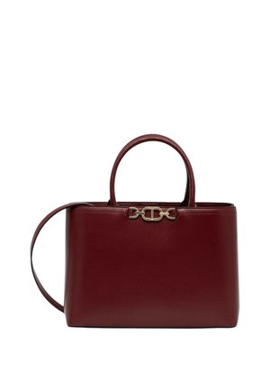 Borsa a mano in pelle rosso scuro con due manici e tracolla removibile, con una piccola chiusura metallica dorata sulla parte frontale.