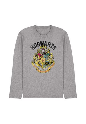 Graues Langarmshirt mit einem Hogwarts-Wappen und einem Banner mit der Aufschrift "Draco Dormiens Nunquam Titillandus" im mehrfarbigen Druck.