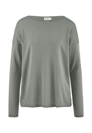 Lichtgrijze gebreide lange mouwen trui met een brede halslijn en geribde manchetten. Zachte textuur en een ontspannen pasvorm, geschikt voor casual kleding.