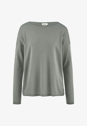 Helles graues, gestricktes Langarm-Oberteil mit weiter Ausschnittöffnung und gerippten Bündchen. Sanfte Textur und lockere Passform, geeignet für legere Freizeitlooks.