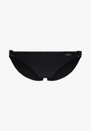 Fekete bikini alsó, úszószövetből készült. Alacsony derékvonallal, aranyszínű kiegészítőkkel és ráncolt oldalakkal rendelkezik, hogy stílusos és kényelmes legyen.