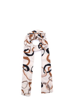 Sciarpa leggera beige con motivi circolari astratti marroni e neri. I bordi sono frangiati, offrendo una texture morbida e un design fluido.