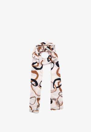 Sciarpa leggera beige con motivi circolari astratti marroni e neri. I bordi sono frangiati, offrendo una texture morbida e un design fluido.