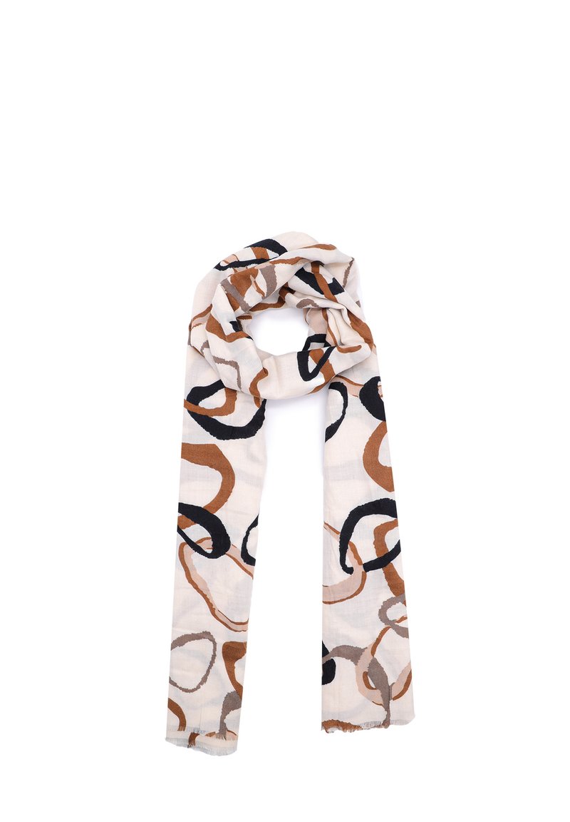 Sciarpa leggera beige con motivi circolari astratti marroni e neri. I bordi sono frangiati, offrendo una texture morbida e un design fluido.