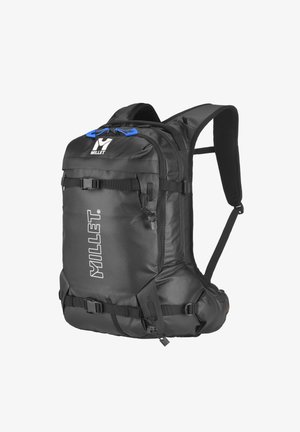 Black backpack made of durable fabric, featuring blue zippers and adjustable straps. Notable logo and front buckles for secure closure.
