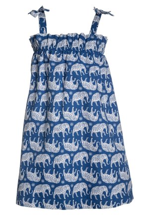 Blue and white sleeveless dress with shoulder ties, decorated with a repeating pattern of stylized elephants and floral motifs.
