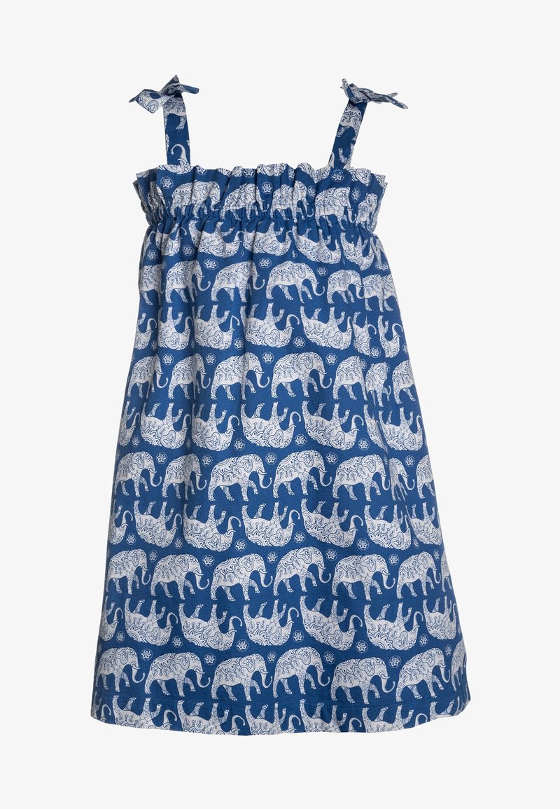 Robe sans manches bleue et blanche avec liens aux épaules, ornée d’un motif répété d’éléphants stylisés et de motifs floraux.