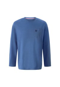 Long-sleeve blue t-shirt made of cotton, featuring a small chest pocket and a rounded neck. Smooth texture and simple design.