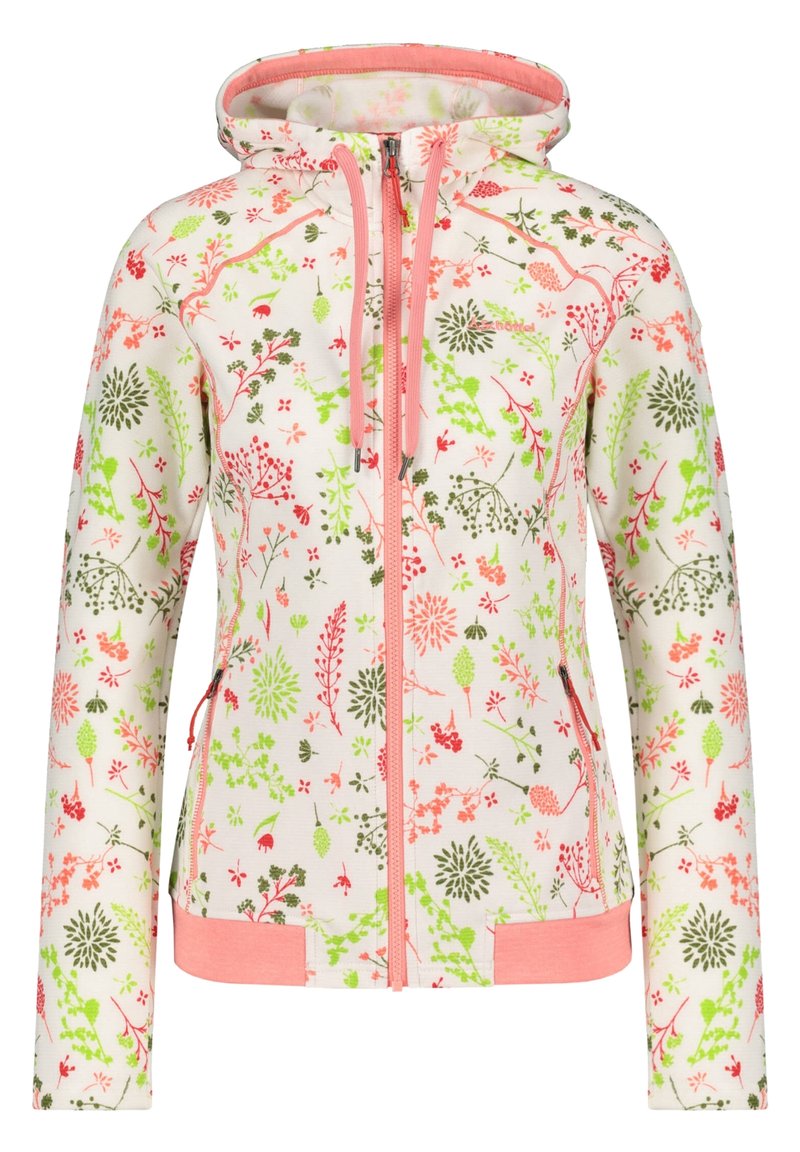 Veste à capuche avec un motif floral rose, vert et blanc. Fermeture éclair à l'avant, poches latérales et poignets côtelés unis rose. Texture de tissu doux.