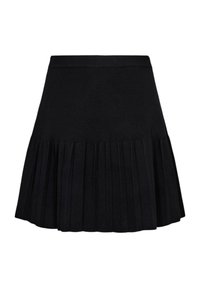 Jupe noire trapèze avec large ceinture élastique et la moitié inférieure ornée de plis verticaux, présentée sur fond blanc.