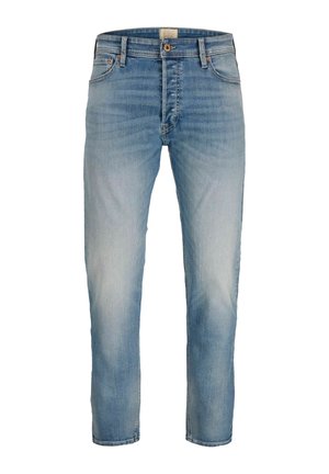 Jean bleu clair à jambes droites avec poches avant, fermeture par bouton et légère décoloration aux cuisses et aux genoux.