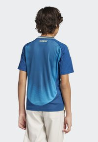 Modrý atletický dres se stupňovitým designem, krátkými rukávy a kulatým výstřihem. Na horní části zad je vytištěno "SUERIGE". Hladká textura.