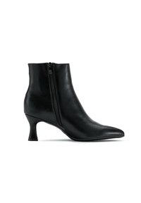 Schwarze Leder-Stiefelette mit spitzer Zehenpartie und Reißverschluss. Verfügt über einen niedrigen, konisch zulaufenden Absatz und eine glatte Textur. Seitenansicht.
