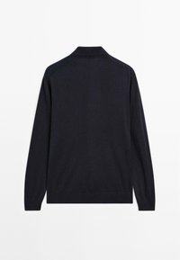 Black long-sleeve sweater with high collar, ribbed cuffs, and hem, displayed flat with the back facing up on a white background.