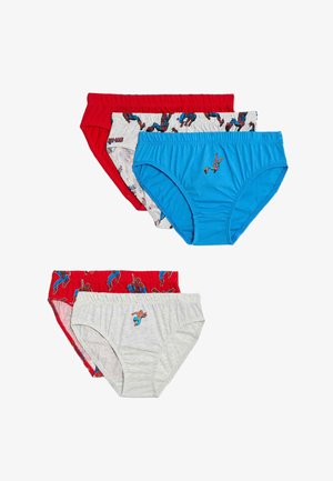 Cuatro pares de ropa interior para niños en colores variados: rojo, azul y gris. Presentan diseños que incluyen a Spider-Man. Hechas de tela suave.