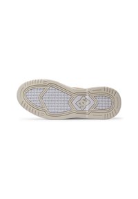 Shoe sole with a textured rubber tread pattern; beige with a white hexagonal grid design and DC logo in the center.