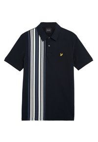 Polo shirt blu navy con pannello a righe in bianco e azzurro chiaro; maniche corte; pattina con tre bottoni; logo ricamato sul petto.