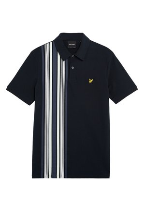 Marineblaues Poloshirt mit einem gestreiften Einsatz in Weiß und Hellblau; kurze Ärmel; Drei-Knopf-Leiste; besticktes Logo auf der Brust.