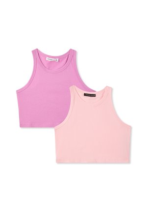 Due canottiere nei colori rosa e lavanda, realizzate in morbido tessuto. Presentano un design senza maniche e un collo arrotondato.
