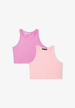 Due canottiere nei colori rosa e lavanda, realizzate in morbido tessuto. Presentano un design senza maniche e un collo arrotondato.
