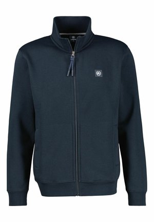 Marineblå fuld lynlåsjakke med høj krave, ribstrikkede manchetter og kant, sidelommer og lille logopatch på venstre bryst.