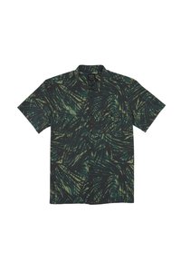 Short-sleeve button-up shirt in dark green and black with a palm leaf pattern; features a pocket and a classic collar design.