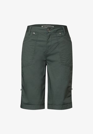 Dark green shorts made of lightweight fabric, featuring side pockets, a button closure, and adjustable cuffs. Classic, relaxed fit.