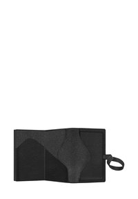 Portafoglio nero in pelle texturizzata, con un design minimalista caratterizzato da fori unici e un accento in tessuto. Include una linguetta di estrazione.
