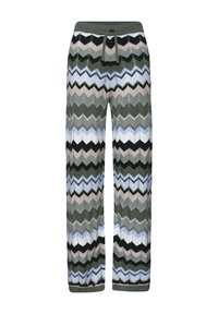 Pantalon large en maille avec taille élastique et cordon, présentant un motif chevron multicolore dans des tons verts, noirs, beige et bleus.
