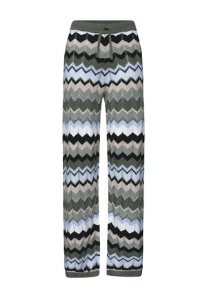 Pantalones anchos de punto con cintura elástica y cordón, con un patrón de espiga multicolor en tonos verdes, negros, beige y azules.