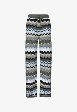 Pantalones anchos de punto con cintura elástica y cordón, con un patrón de espiga multicolor en tonos verdes, negros, beige y azules.