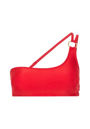 Rode bikini-top gemaakt van glanzende, gladde stof. Kenmerkend door een enkele schouderband met een gouden ringdetail. Eenvoudig, gestroomlijnd ontwerp.