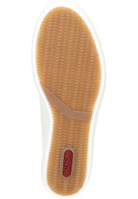 White sneaker sole with a textured, gum rubber surface. Features a red logo and a smooth, white edge. Subtle zigzag pattern throughout.