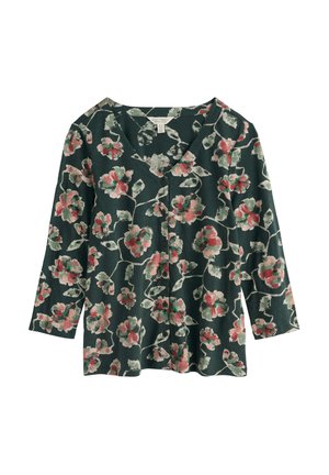 Floral button-up shirt with a dark green background, featuring pink and white flowers and green leaves, and three-quarter length sleeves.