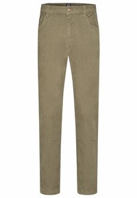 Beżowe spodnie sztruksowe o prostym kroju nogawek, z zapięciem na guzik, szlufkami na pasek i przednimi kieszeniami. Teksturowana tkanina z pionowymi żebrami.