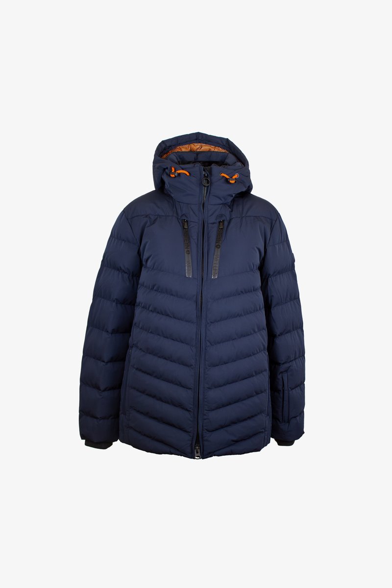 Navy puffer jacket with a hood, featuring quilted texture, two front zip pockets, and orange drawstrings on the hood for adjustability.