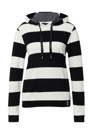 Sweat à rayures avec des rayures horizontales noires et blanches, un capuchon à cordon de serrage et une doublure intérieure texturée. Présente des poignets et un ourlet côtelés.