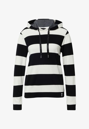Sweat à rayures avec des rayures horizontales noires et blanches, un capuchon à cordon de serrage et une doublure intérieure texturée. Présente des poignets et un ourlet côtelés.