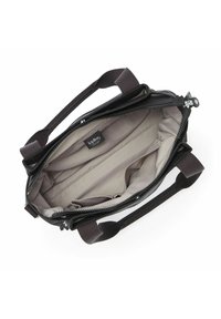 Schwarze synthetische Handtasche mit doppelten Obergriffen und Reißverschluss. Innenausstattung mit beigem Stofffutter und mehreren Organisationsfächern.