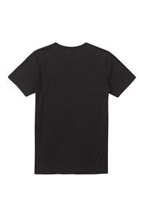 Schwarzes Baumwoll-T-Shirt, kurze Ärmel, Rundhalsausschnitt. Glatte Textur, einfaches Design, keine sichtbaren Logos oder Muster auf der Rückseite.